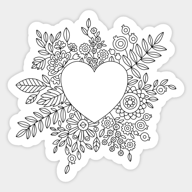Flourishing Heart Adult Coloring Illustration, Heart and Flowers Wreath